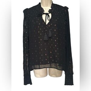 Allison New York Bishop Blouse Black Metallic Accents Hi/Lo Hem Sz Large